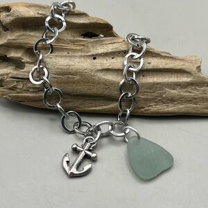 Coastal Chic Silver Tone Bracelet Sea Glass Anchor Charm